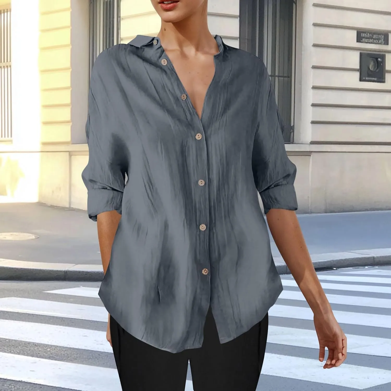 Summer Tops for Women 2025 Trendy 3/4 Length Sleeve Shirts Loose Fit Dressy Casual Blouses Lapel Button Down Shirts
