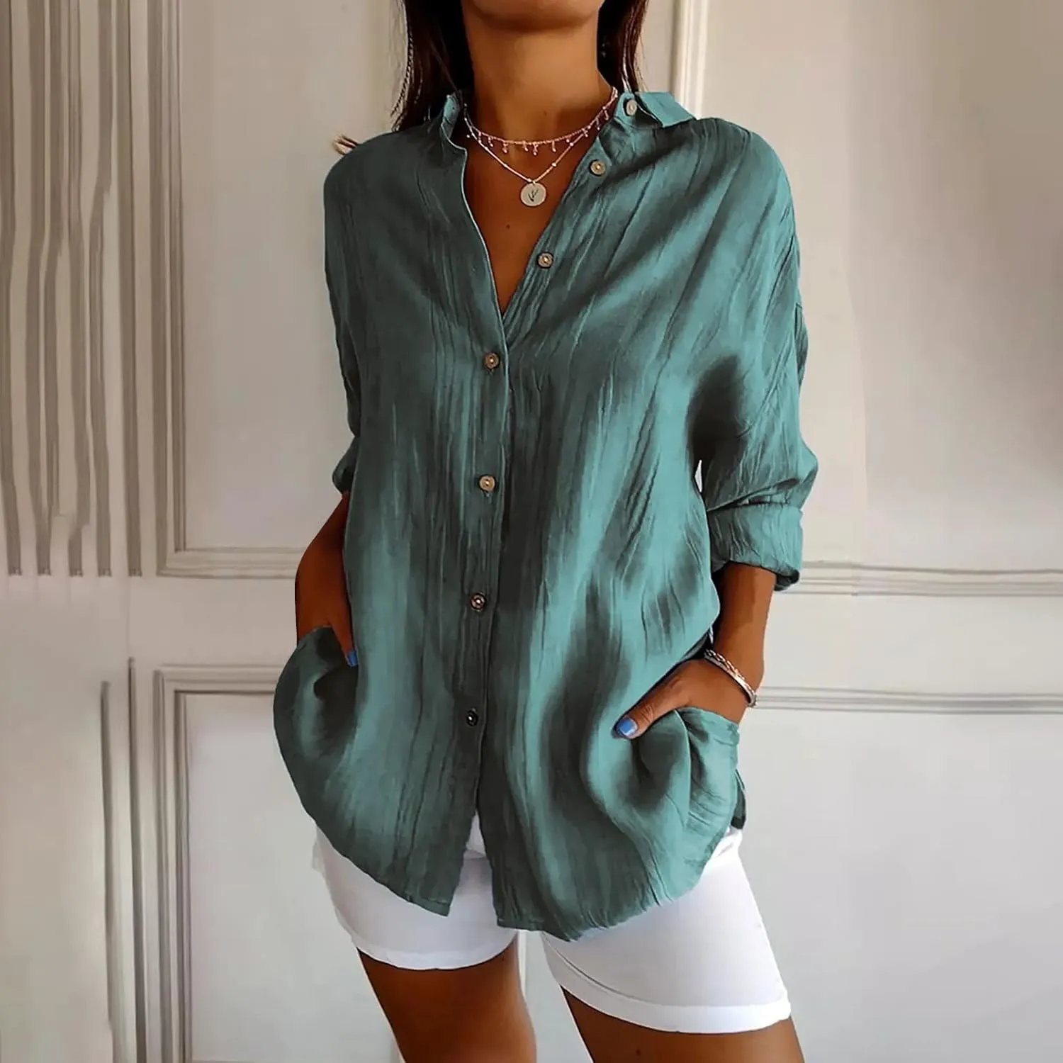 Summer Tops for Women 2025 Trendy 3/4 Length Sleeve Shirts Loose Fit Dressy Casual Blouses Lapel Button Down Shirts