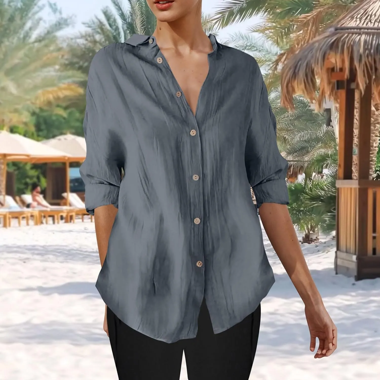 Summer Tops for Women 2025 Trendy 3/4 Length Sleeve Shirts Loose Fit Dressy Casual Blouses Lapel Button Down Shirts