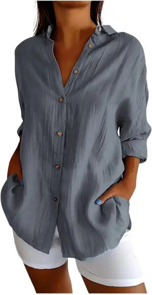 Summer Tops for Women 2025 Trendy 3/4 Length Sleeve Shirts Loose Fit Dressy Casual Blouses Lapel Button Down Shirts