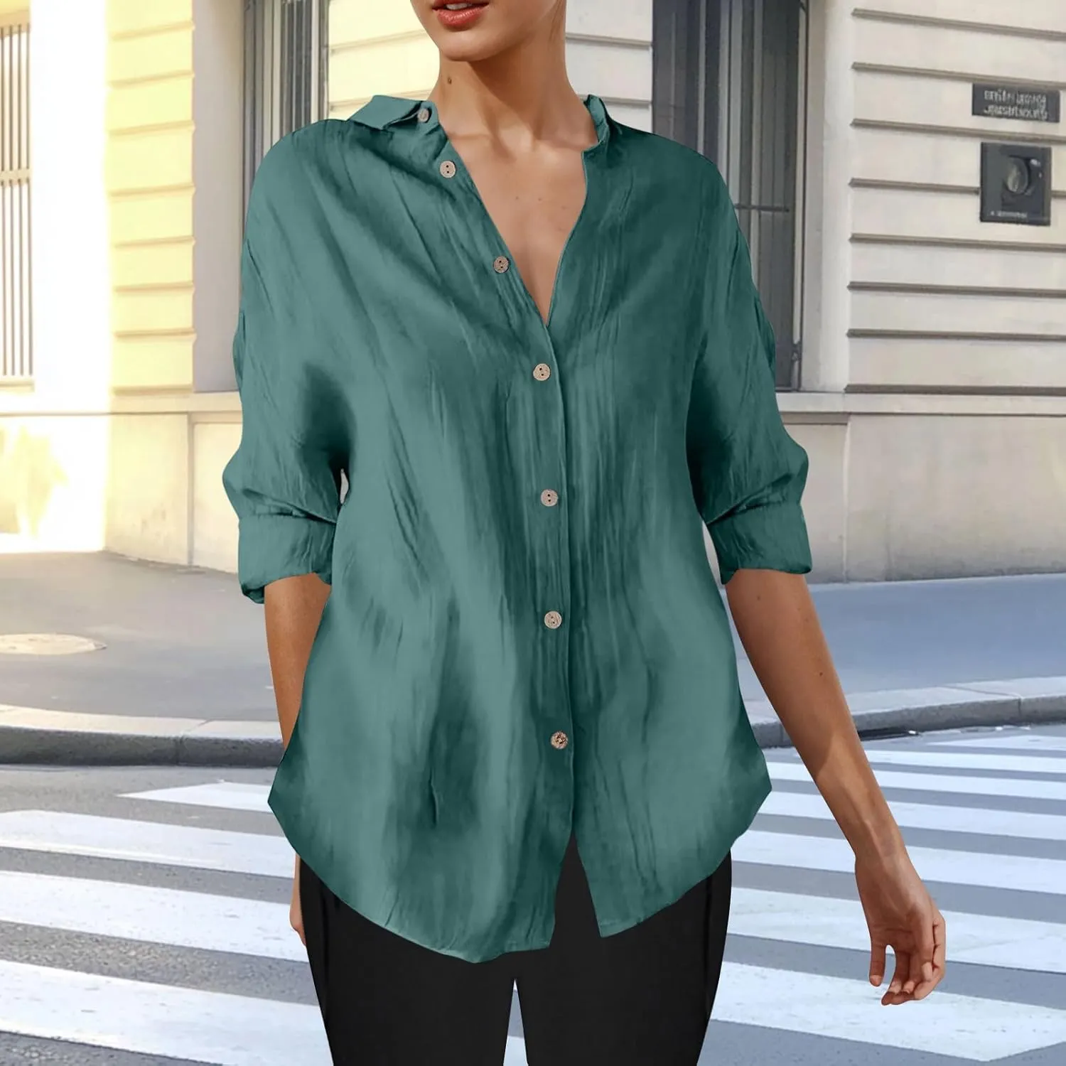 Summer Tops for Women 2025 Trendy 3/4 Length Sleeve Shirts Loose Fit Dressy Casual Blouses Lapel Button Down Shirts