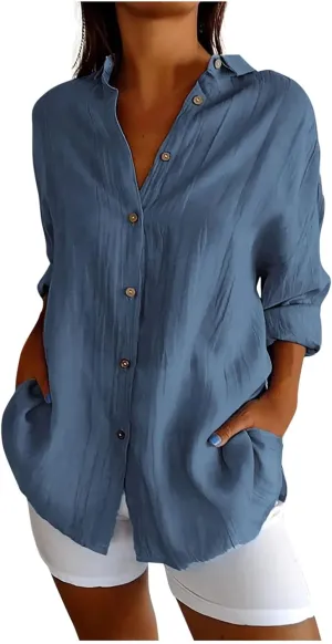 Summer Tops for Women 2025 Trendy 3/4 Length Sleeve Shirts Loose Fit Dressy Casual Blouses Lapel Button Down Shirts