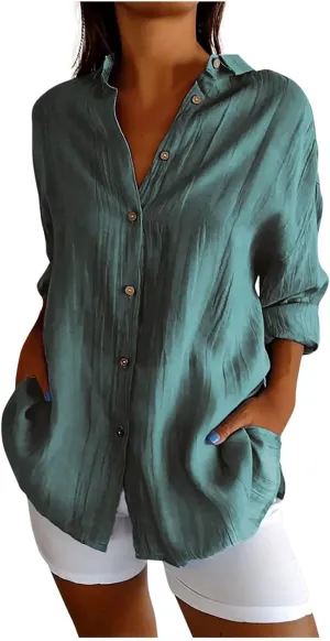 Summer Tops for Women 2025 Trendy 3/4 Length Sleeve Shirts Loose Fit Dressy Casual Blouses Lapel Button Down Shirts