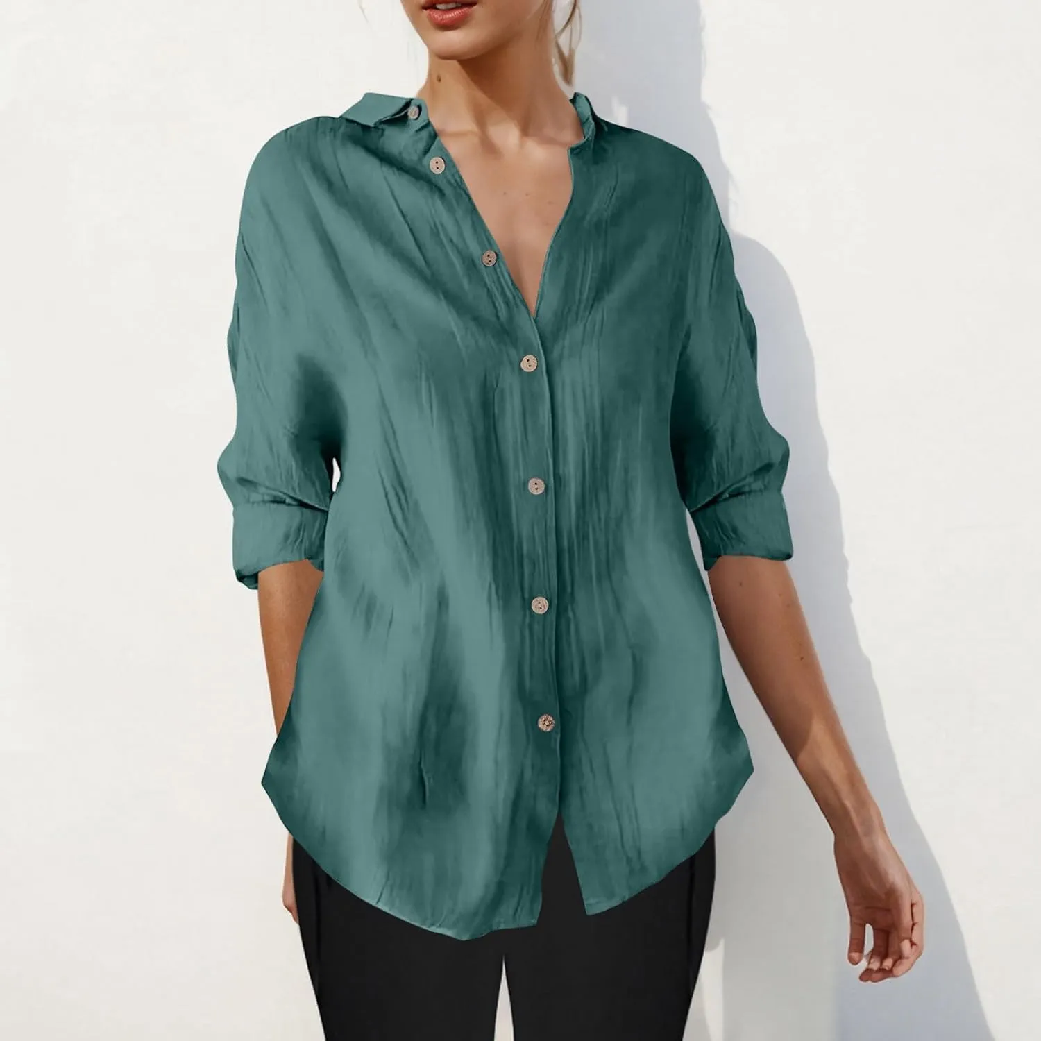 Summer Tops for Women 2025 Trendy 3/4 Length Sleeve Shirts Loose Fit Dressy Casual Blouses Lapel Button Down Shirts