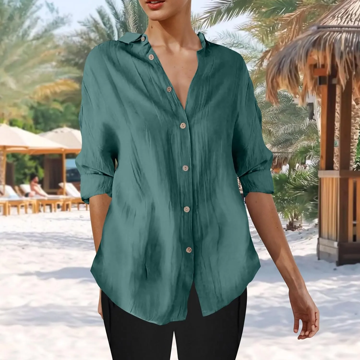 Summer Tops for Women 2025 Trendy 3/4 Length Sleeve Shirts Loose Fit Dressy Casual Blouses Lapel Button Down Shirts