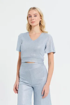 Women Grey Shimmer Foil Coated Flared Sleeve Knit Top