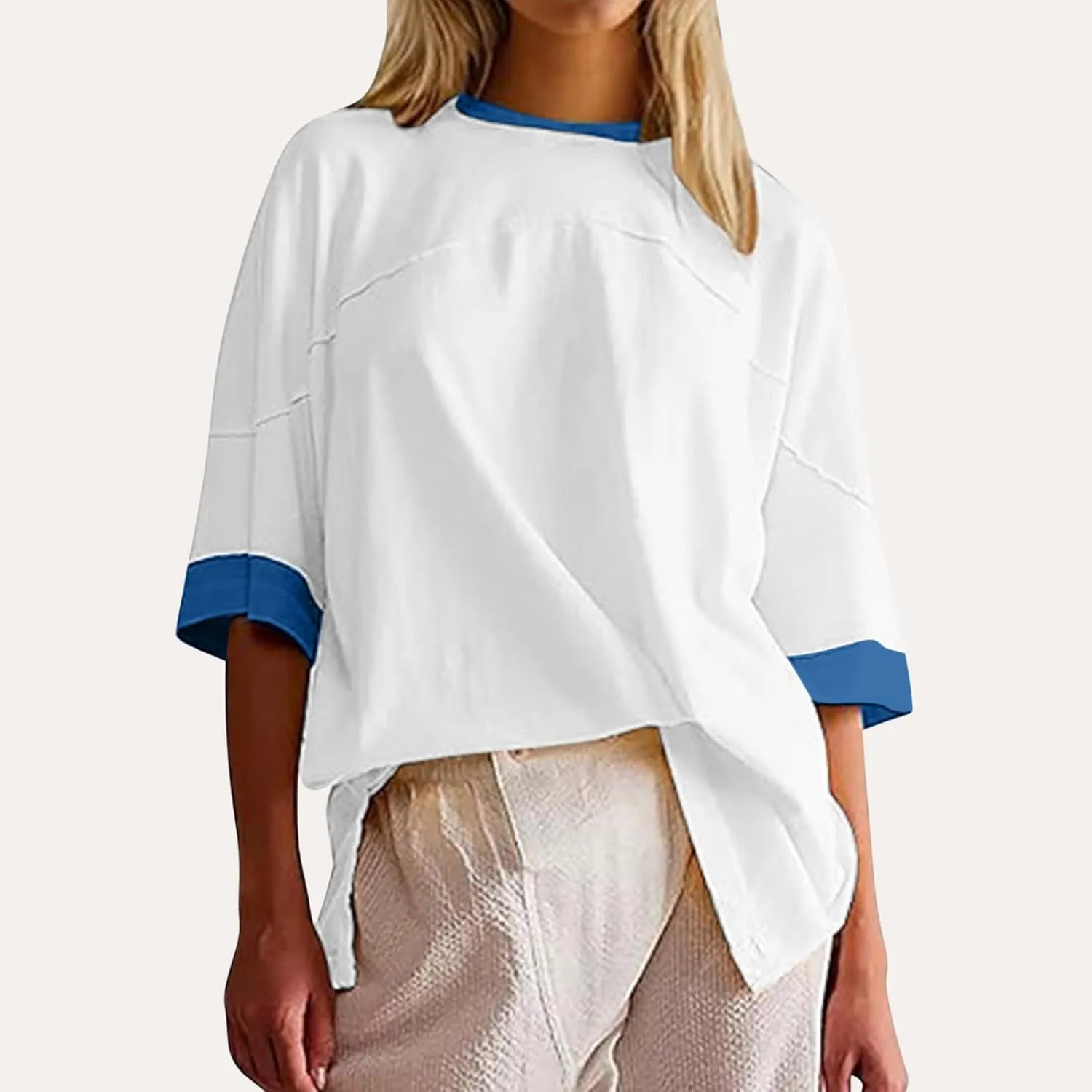 Women Oversized Color Block 3/4 Sleeve T Shirt Crewneck Patchwork Split Hem Shirt Casual Loose Summer Tee Tops