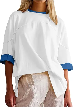 Women Oversized Color Block 3/4 Sleeve T Shirt Crewneck Patchwork Split Hem Shirt Casual Loose Summer Tee Tops