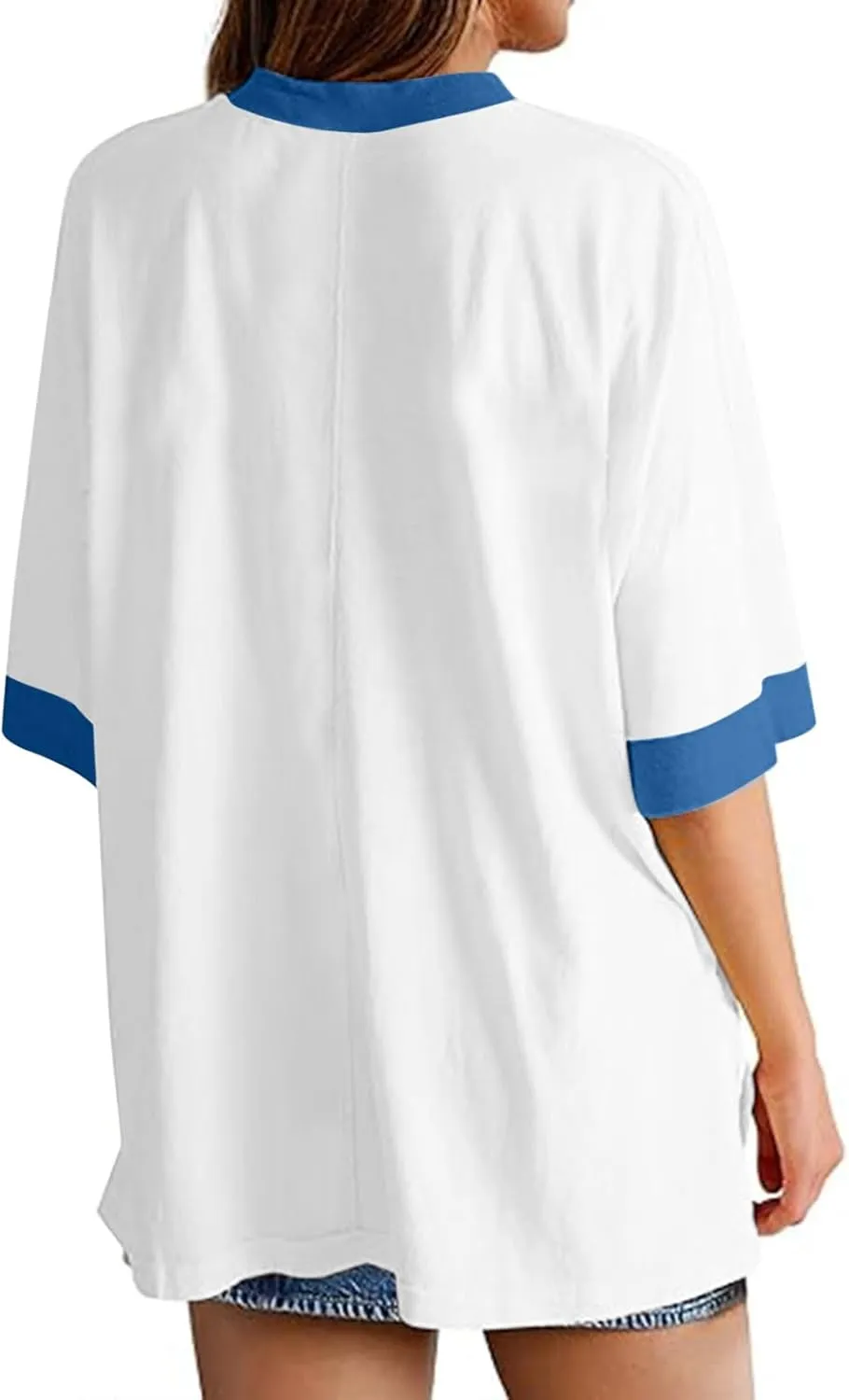 Women Oversized Color Block 3/4 Sleeve T Shirt Crewneck Patchwork Split Hem Shirt Casual Loose Summer Tee Tops
