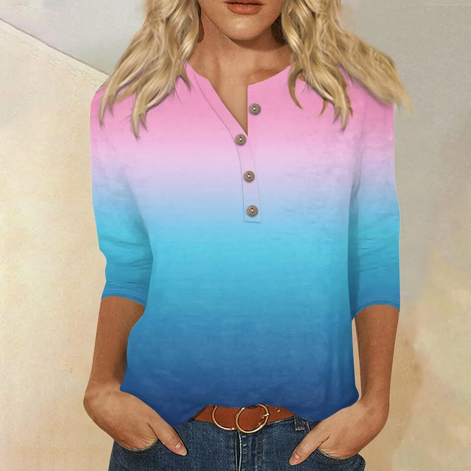Women Tops Dressy Casual 3/4 Sleeve Button Down Henley Shirts Floral Print Blouses Spring Fashion 2025