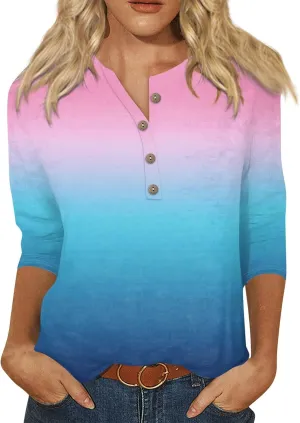 Women Tops Dressy Casual 3/4 Sleeve Button Down Henley Shirts Floral Print Blouses Spring Fashion 2025