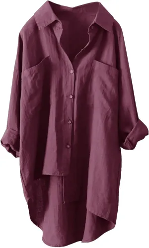 Womens Button Down Shirts Linen Cotton Long Sleeve Blouse Tunic Tops Cover Up Shirt Loose Beach Bikini Dress Plus Size