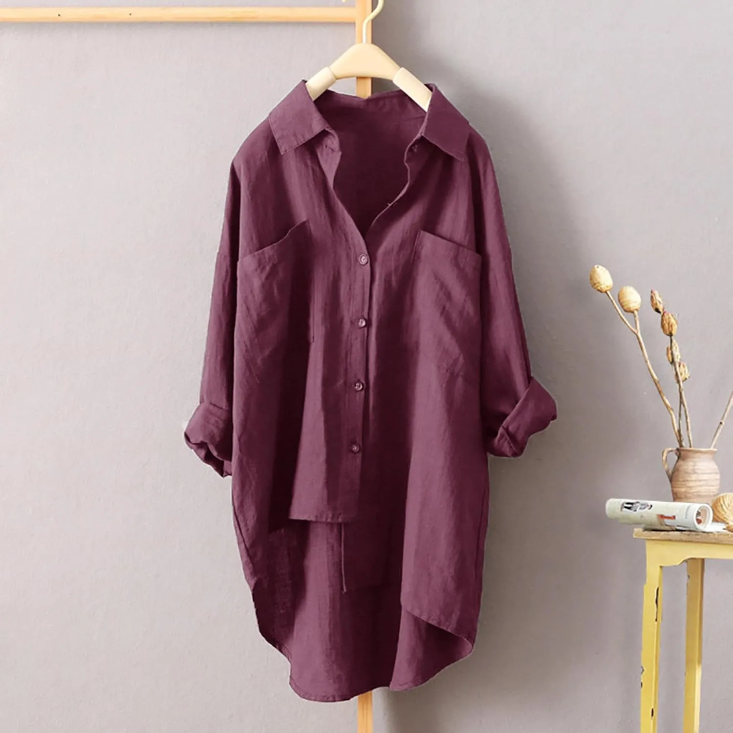 Womens Button Down Shirts Linen Cotton Long Sleeve Blouse Tunic Tops Cover Up Shirt Loose Beach Bikini Dress Plus Size