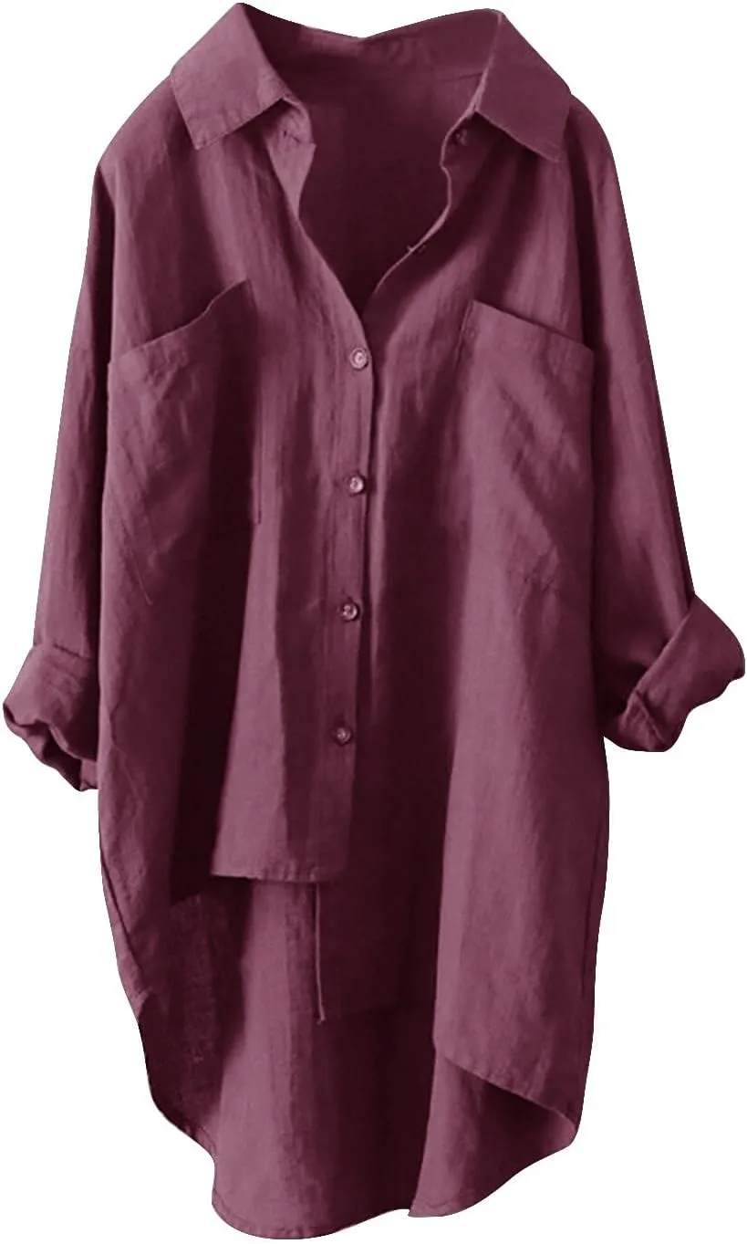 Womens Button Down Shirts Linen Cotton Long Sleeve Blouse Tunic Tops Cover Up Shirt Loose Beach Bikini Dress Plus Size