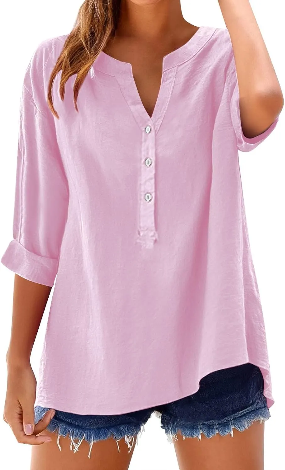 Women's Linen Button Down Shirts 2025 Short Sleeve V Neck Tshirts Light Weight Plain Blouses Casual Fit Tunic Tops
