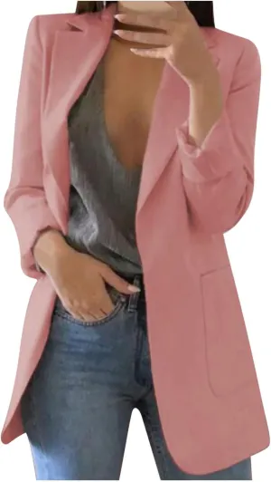 Womens Open Front Cardigan Blazers Business Work Trendy Formal Suit Jackets Long Sleeve Lapel Shrug Coat with Pockets
