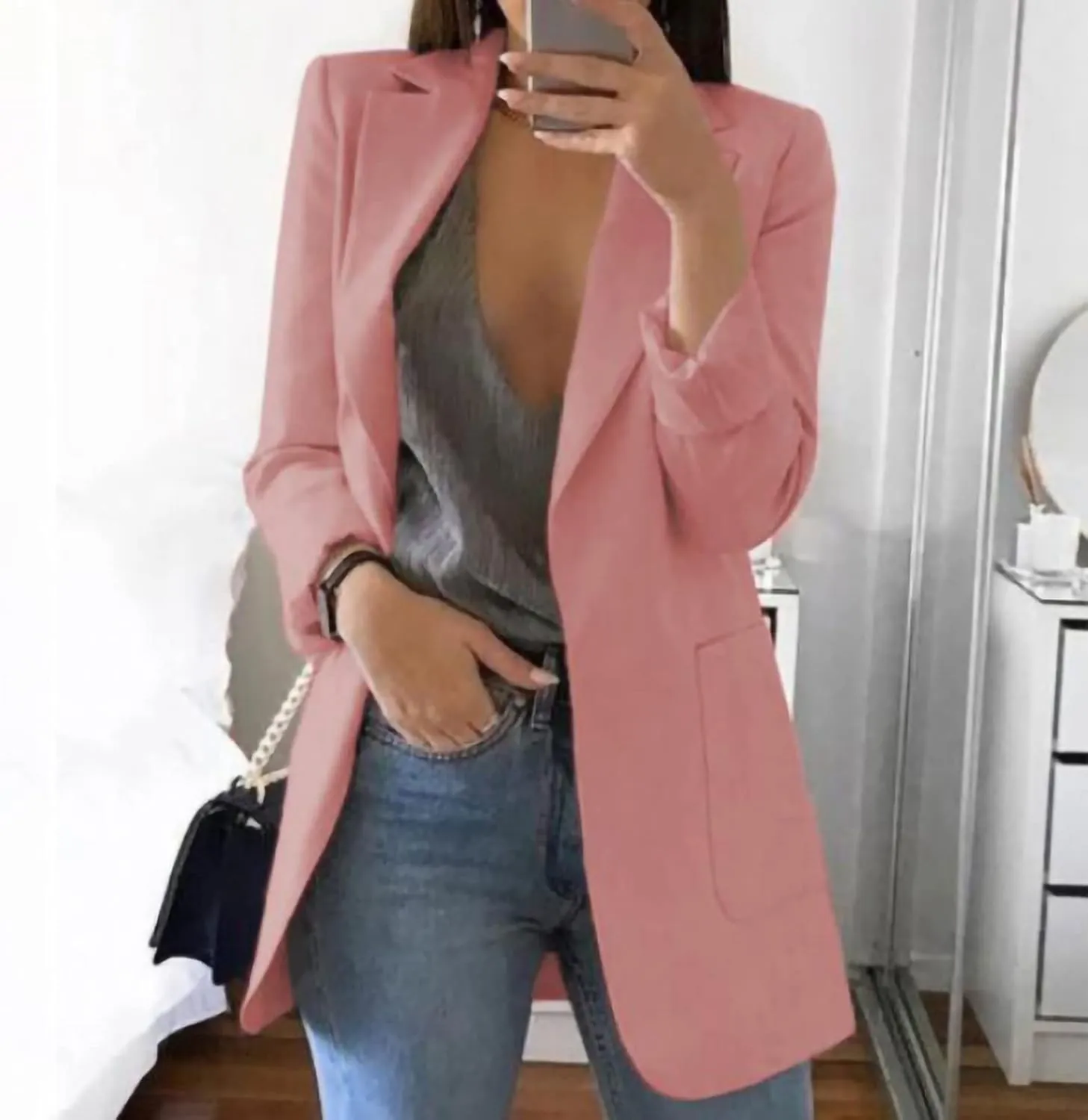 Womens Open Front Cardigan Blazers Business Work Trendy Formal Suit Jackets Long Sleeve Lapel Shrug Coat with Pockets