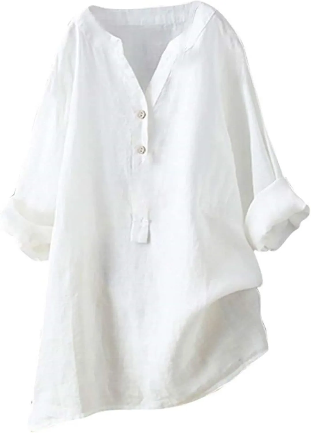 Women's Tunic Blouse Tops Fashion Plus Size Solid Cotton Linen Loose Casual Long Sleeve V Neck Button Up Tees Shirts