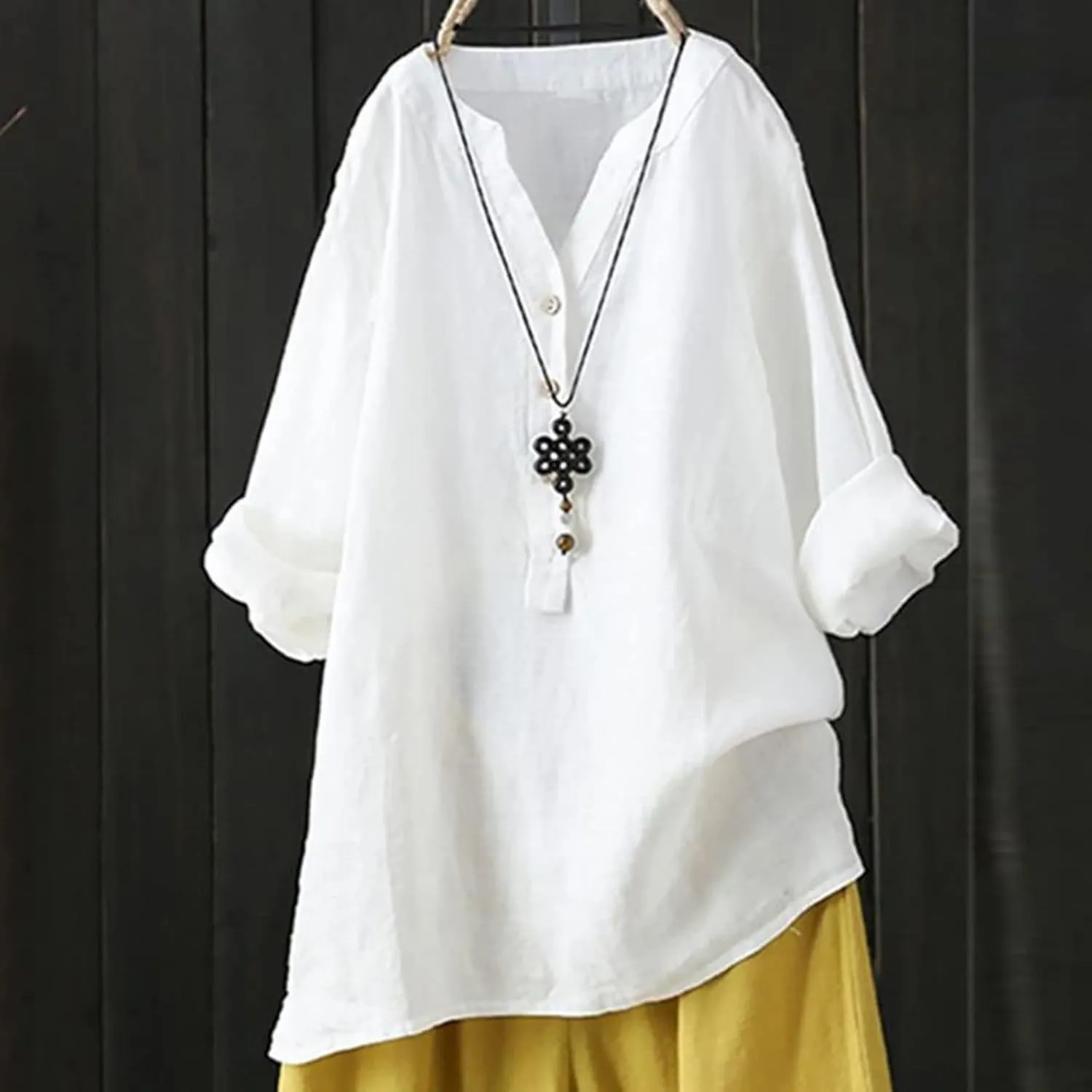 Women's Tunic Blouse Tops Fashion Plus Size Solid Cotton Linen Loose Casual Long Sleeve V Neck Button Up Tees Shirts