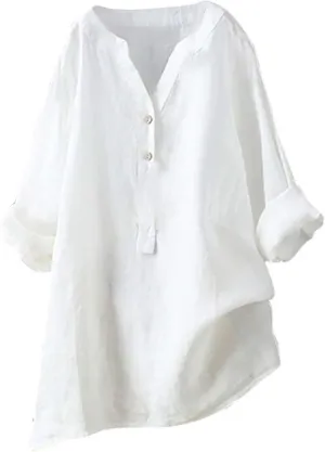 Women's Tunic Blouse Tops Fashion Plus Size Solid Cotton Linen Loose Casual Long Sleeve V Neck Button Up Tees Shirts