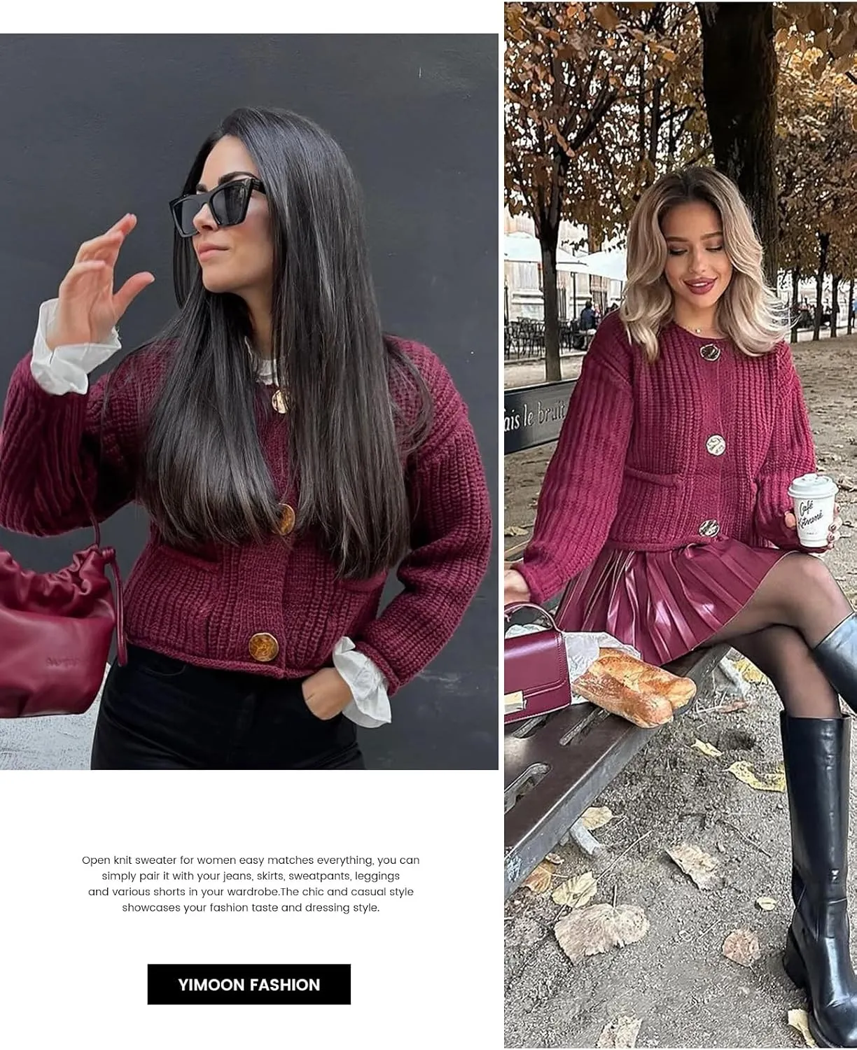 Yimoon Women's Cropped Cardigan Sweater Button Down Chunky Knit Sweater Long Sleeve Fall Open Front Cardigan