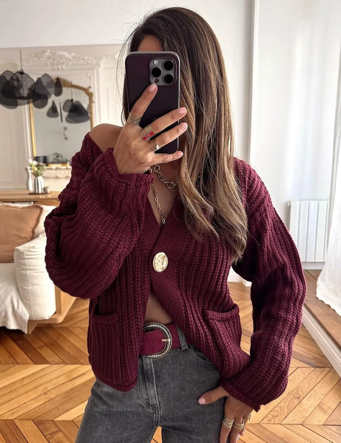 Yimoon Women's Cropped Cardigan Sweater Button Down Chunky Knit Sweater Long Sleeve Fall Open Front Cardigan