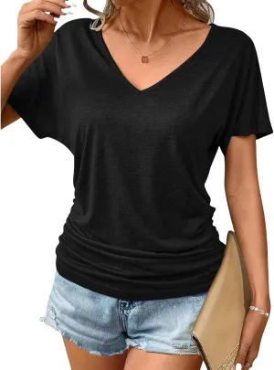 ZWRXW Women's Short Sleeve Shirts V Neck T Shirts for Women Casual Ruched Basic Tunic Tops Cute Soft Tees for Work Business
