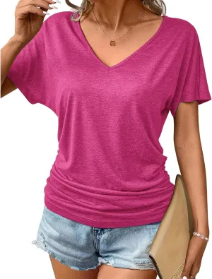 ZWRXW Women's Short Sleeve Shirts V Neck T Shirts for Women Casual Ruched Basic Tunic Tops Cute Soft Tees for Work Business